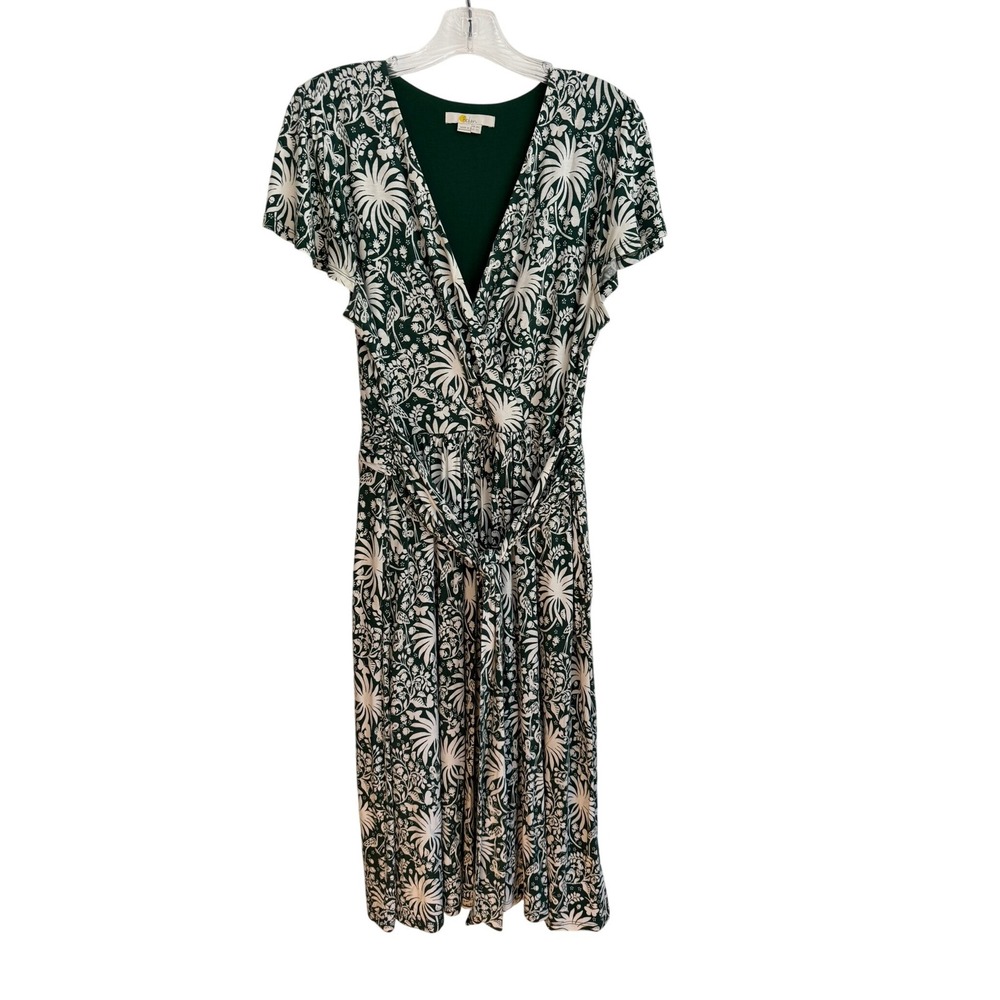 Boden Wrap Dress Midi 10L Green White Botanical Palm Print  Flutter Sleeve J0864